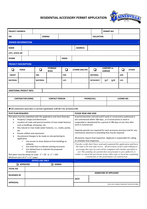 First page of the Residential Accessory Permit Application