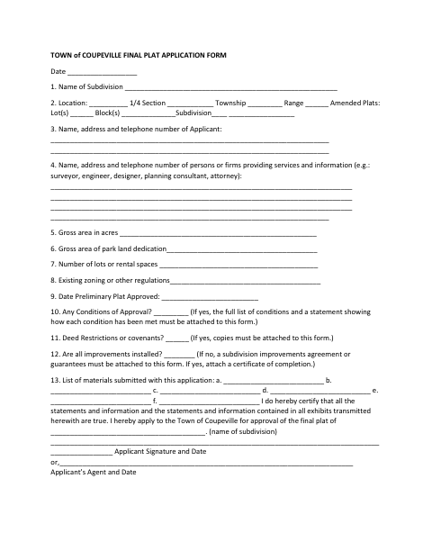 First page of the Final Plat Application Form