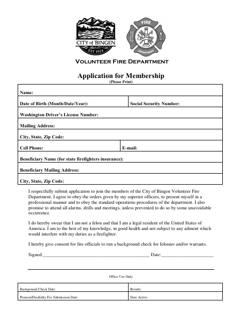 First page of the Volunteer Fire Department Application for Membership