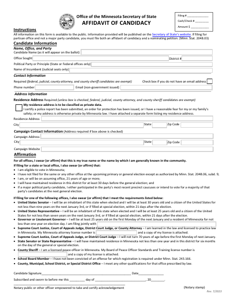 First page of the Affidavit of Candidacy