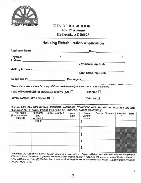 First page of the Housing Rehabilitation Application