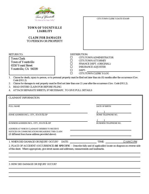 First page of the Liability Claim for Damages to Person or Property