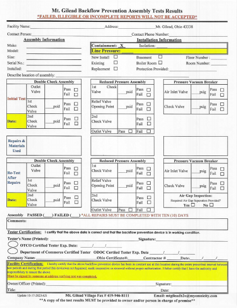 First page of the Backflow Prevention Assembly Test Results