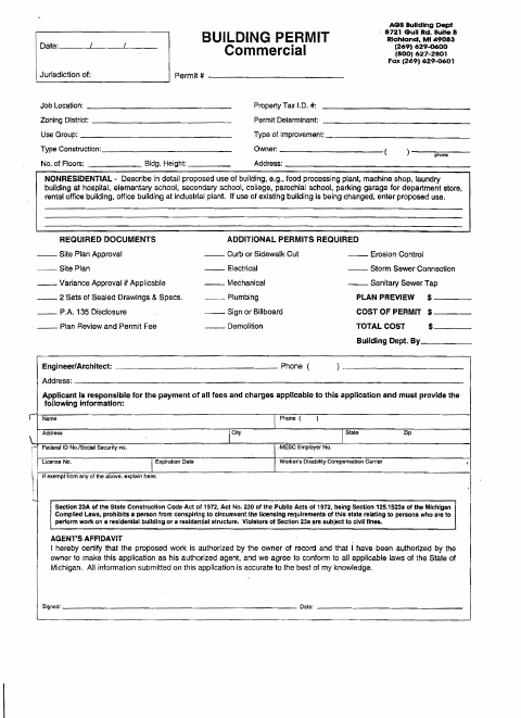 First page of the Commercial Building Permit Application Checklist