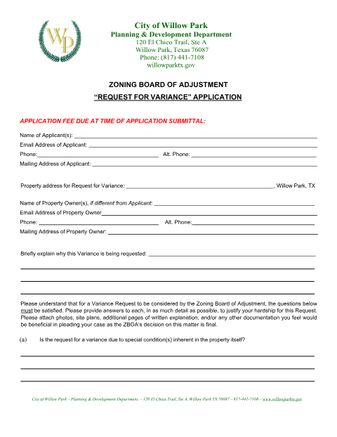 First page of the Request for Variance Application