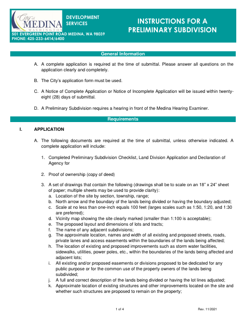 First page of the Preliminary Subdivision Application