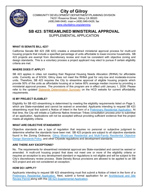 First page of the SB 423 Streamlined Ministerial Approval Supplemental Application