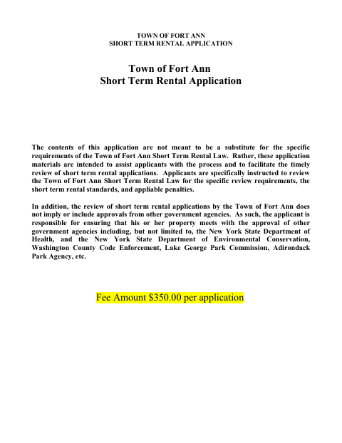 First page of the Short Term Rental Application