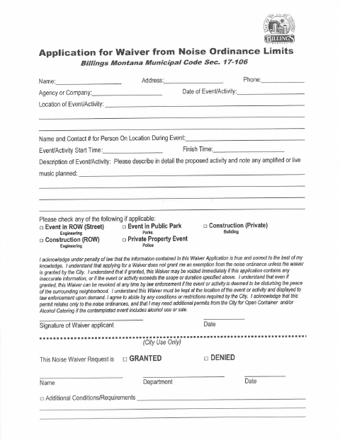 First page of the Noise Ordinance Waiver Application