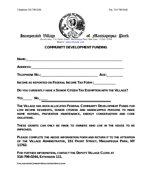 First page of the Community Development Funding Application