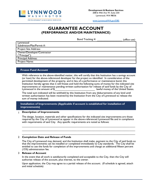 First page of the Guarantee Account (Performance and/or Maintenance)