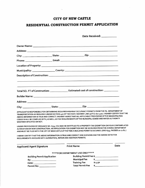 First page of the Residential Construction Permit Application