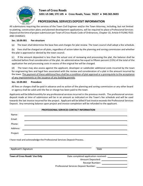 First page of the Professional Services Deposit Information