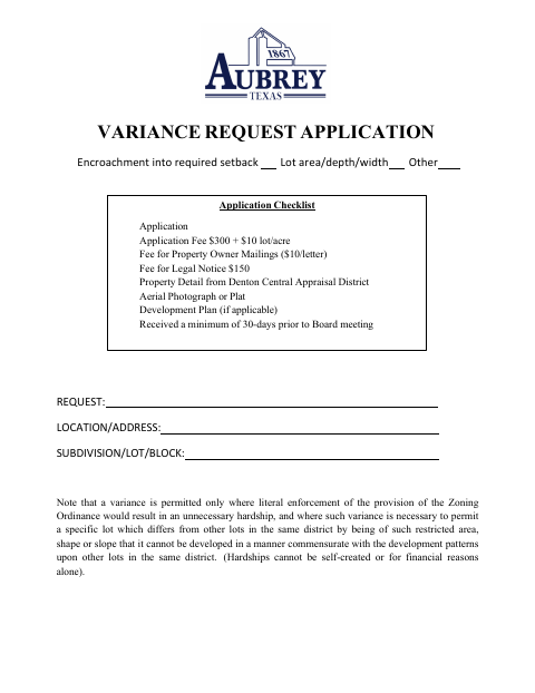 First page of the Variance Request Application