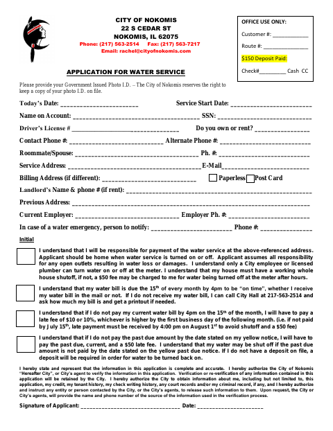 First page of the Application for Water Service