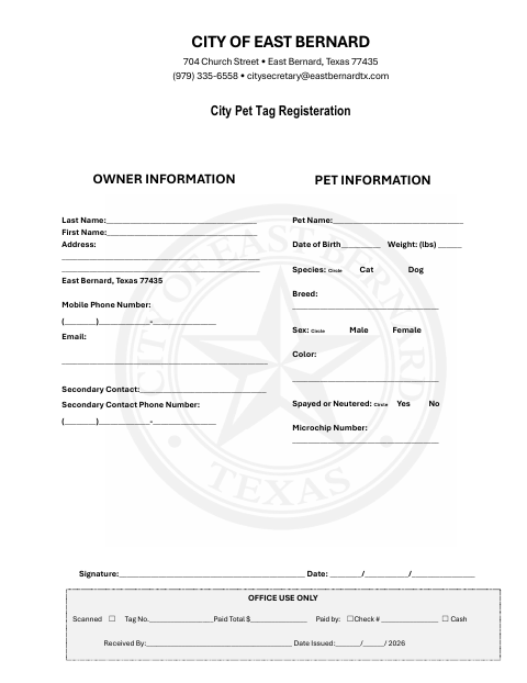 First page of the Pet Tag Registration