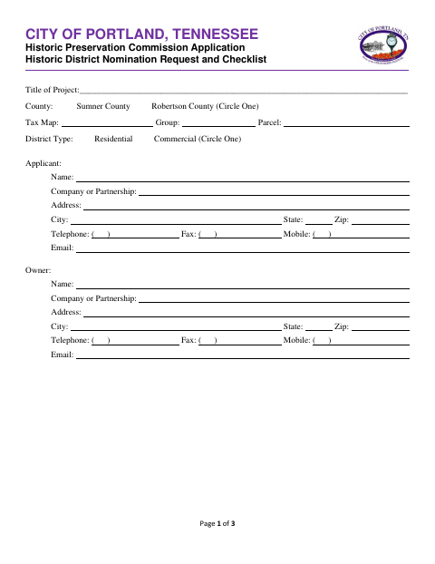 First page of the Historic District Nomination Request Application