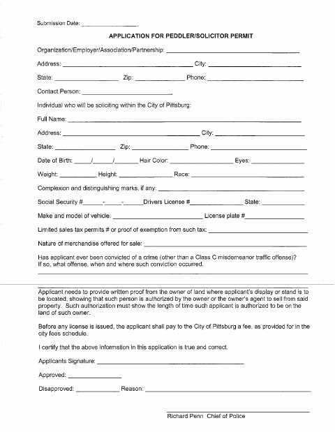 First page of the Peddler/Solicitor Permit Application