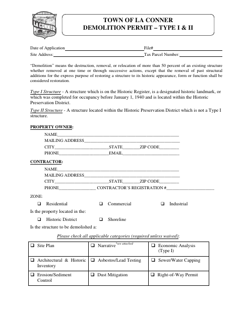 First page of the Demolition Type I & II Permit Application