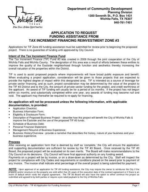 First page of the Tax Increment Financing Zone #3 Funding Assistance Application