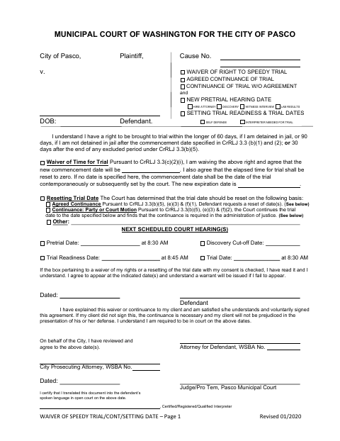 First page of the Waiver of Speedy Trial, Continuance, and Setting Date