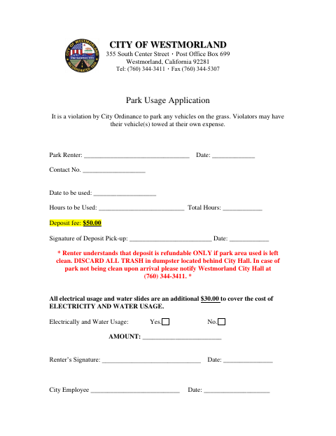 First page of the Park Usage Application