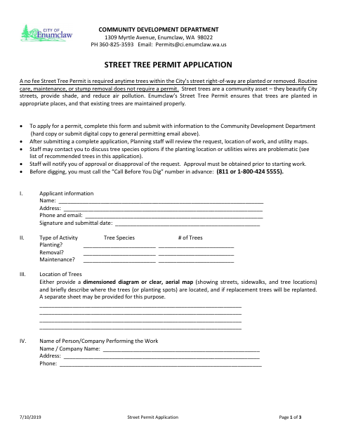 First page of the Street Tree Permit Application