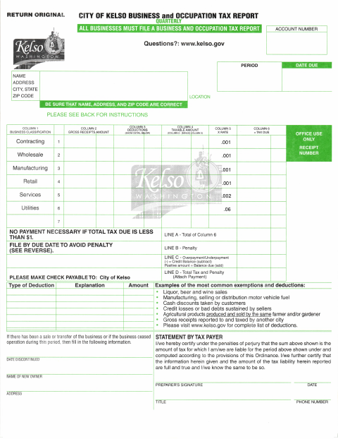 First page of the Business and Occupation Tax Report Quarterly