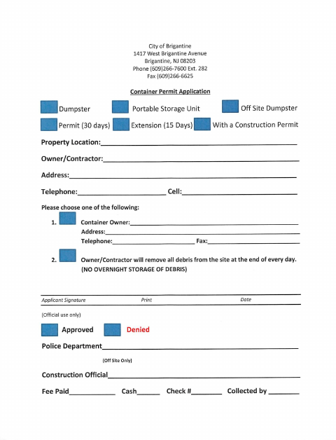 First page of the Dumpster Permit Application