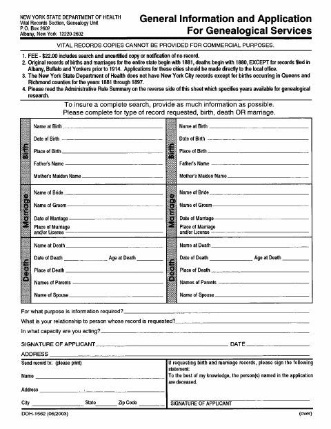 First page of the Genealogical Services Application