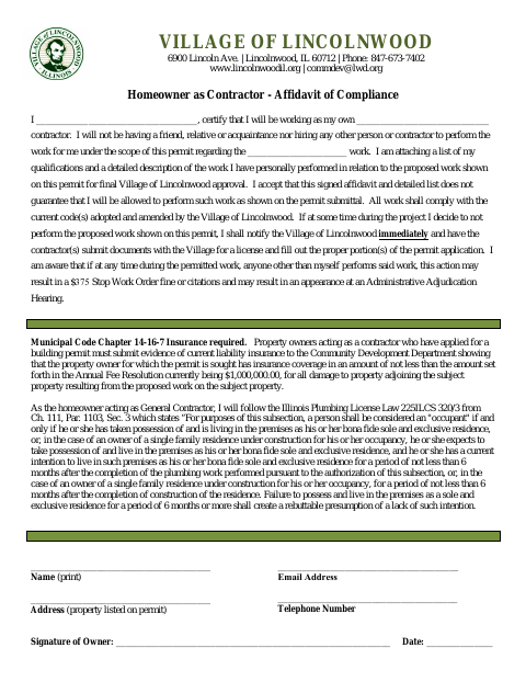 First page of the Homeowner as Contractor - Affidavit of Compliance