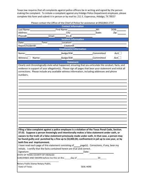 First page of the Police Employee Complaint Form