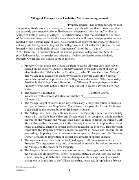 First page of the Curb Stop Valve Access Agreement