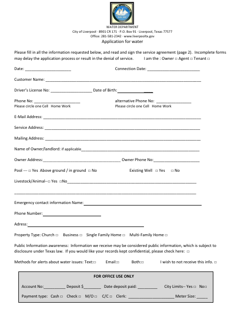 First page of the Application for Water