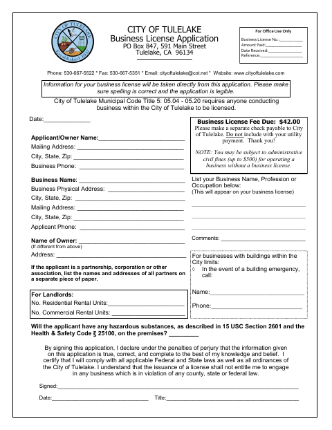 First page of the Business License Application