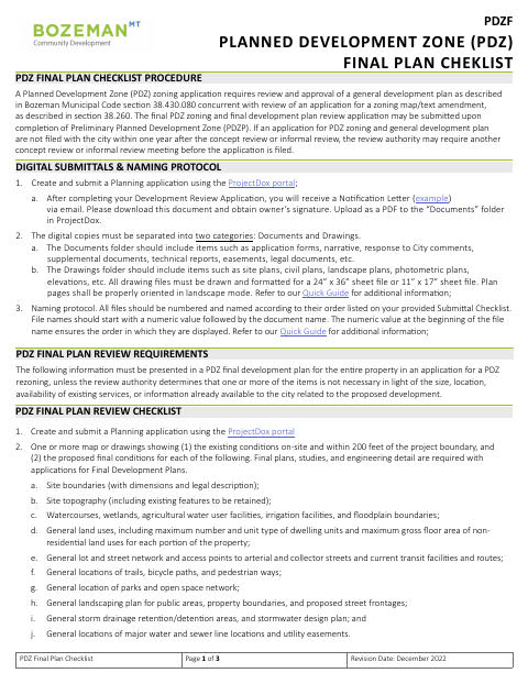 First page of the Planned Development Zone Final Plan Certification