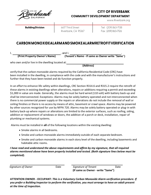 First page of the Carbon Monoxide Alarm Retrofit Verification