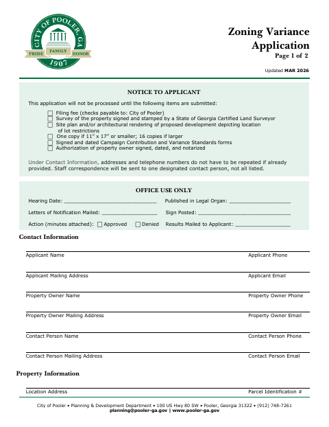 First page of the Zoning Variance Application
