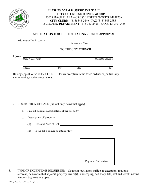 First page of the Application for Public Hearing – Fence Approval