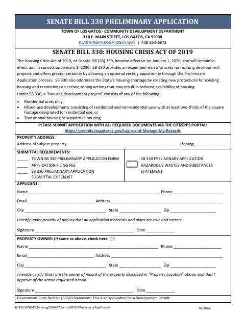 First page of the Senate Bill 330 Preliminary Application
