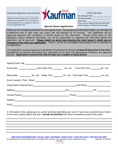 First page of the Special Event Application