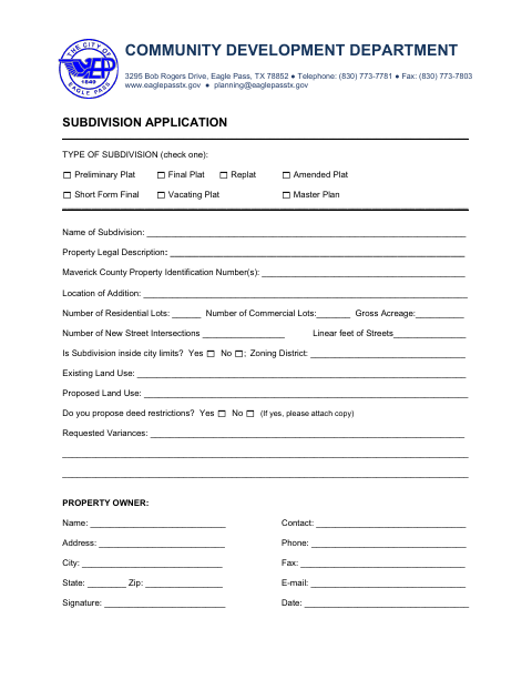 First page of the Subdivision Application