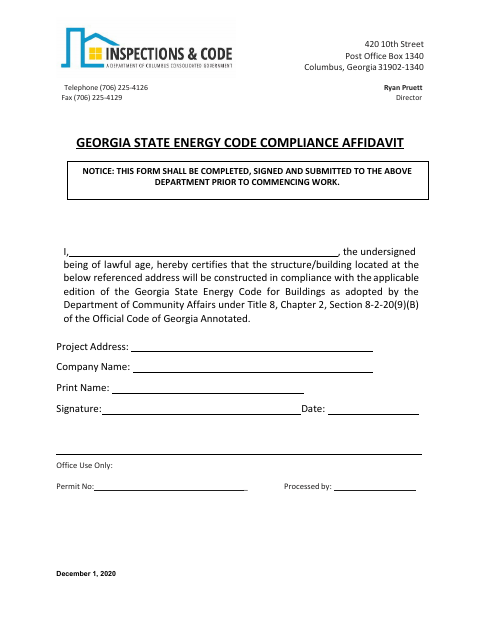 First page of the Georgia State Energy Code Compliance Affidavit