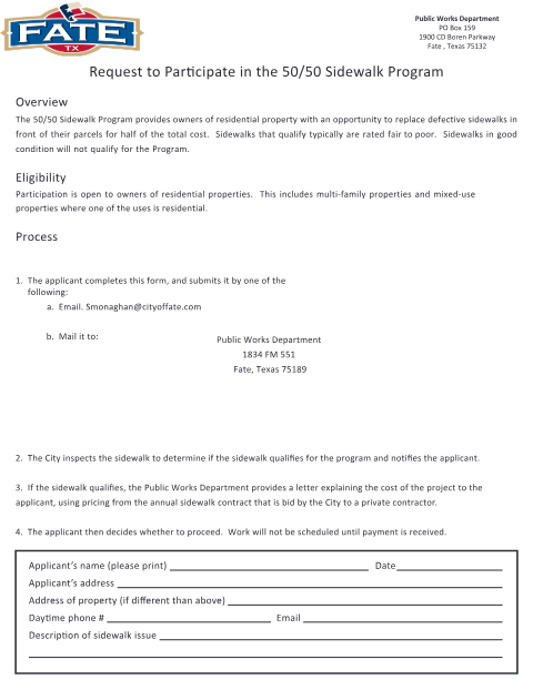 First page of the 50/50 Sidewalk Program Request