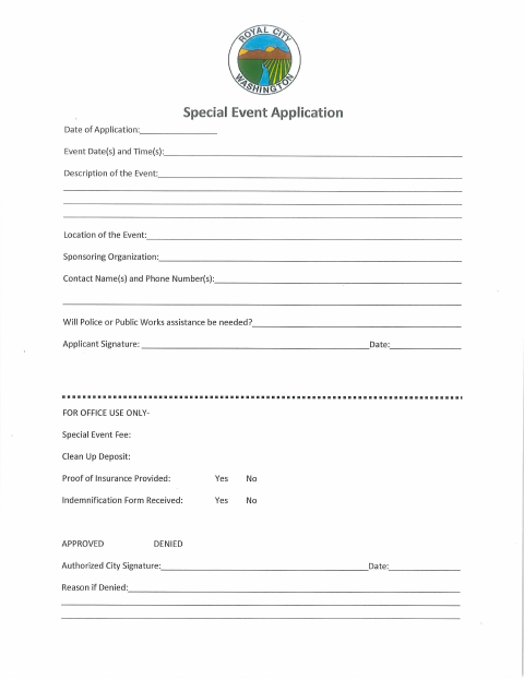 First page of the Special Event Application