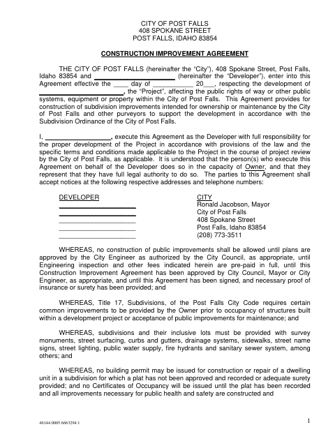 First page of the Subdivision Construction Improvement Agreement