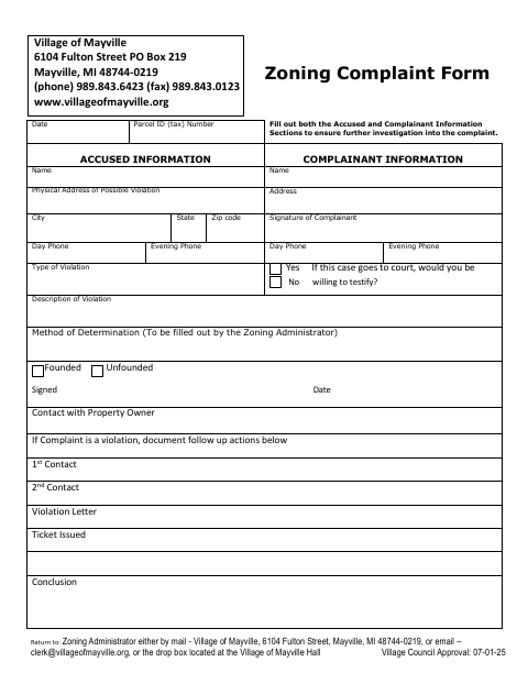 First page of the Zoning Complaint Form