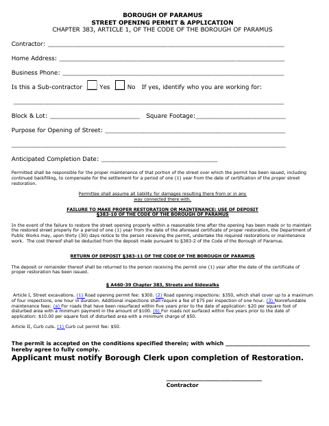 First page of the Street Opening Permit & Application