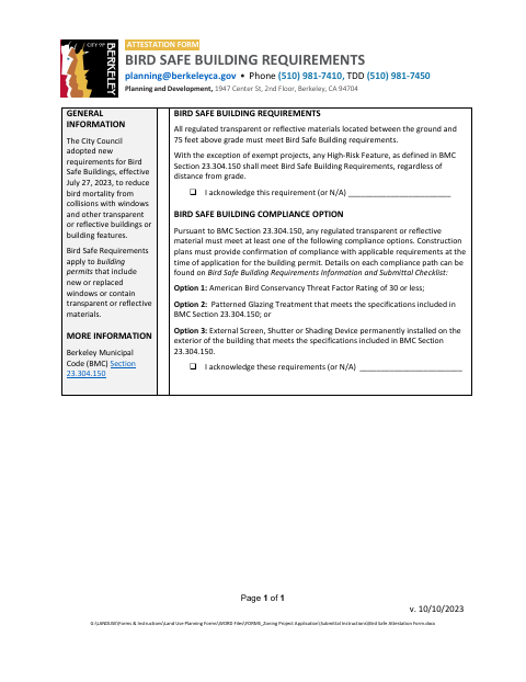 First page of the Bird Safe Building Requirements Attestation Form