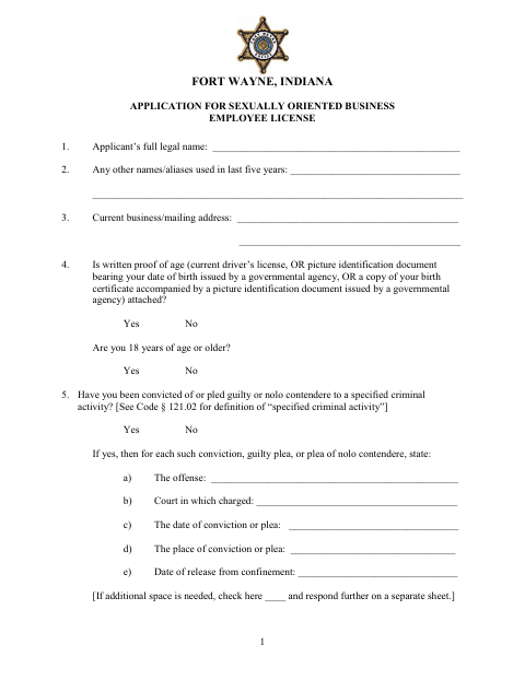 First page of the Sexually Oriented Business Employee License Application